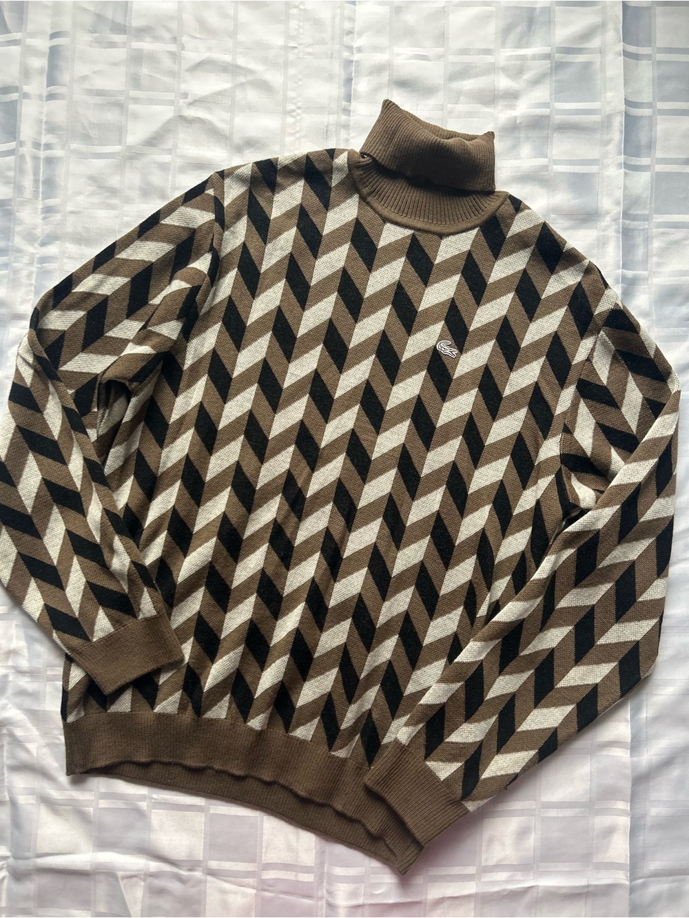 Lacoste Chevron Print Brown Wool Turtleneck Sweater